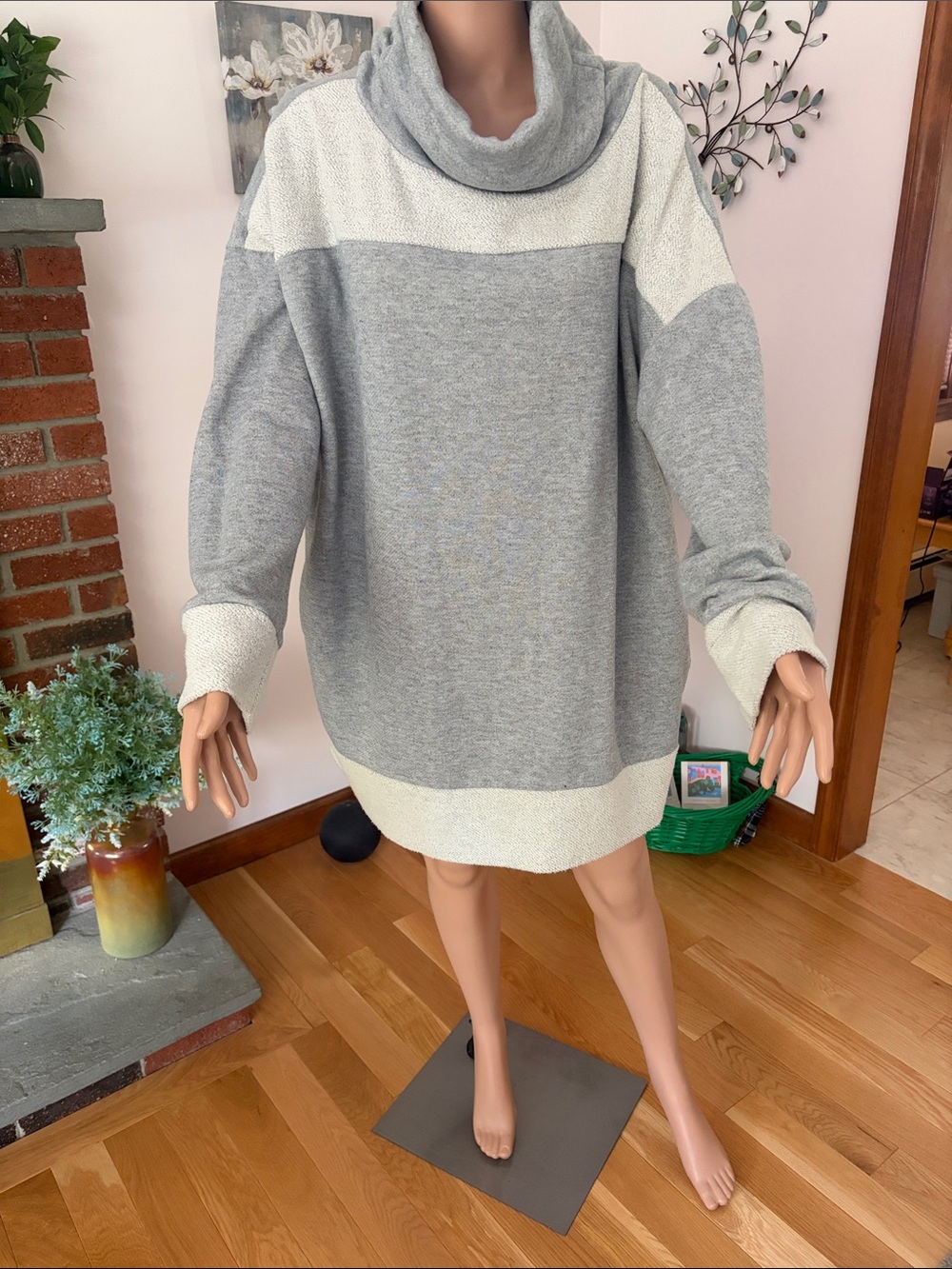Gray and Cream Cowl Neck Sweater Dress - Oversized Cozy Style has side pockets